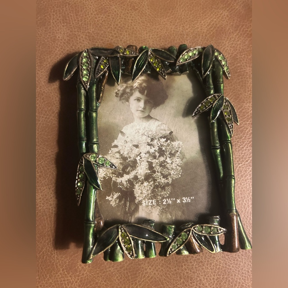 Vintage Tizo Bamboo Enamel Picture Frame Green Rhinestone Rare Heavy Decor